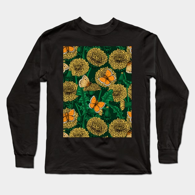 Dandelion meadow on dark green Long Sleeve T-Shirt by katerinamk